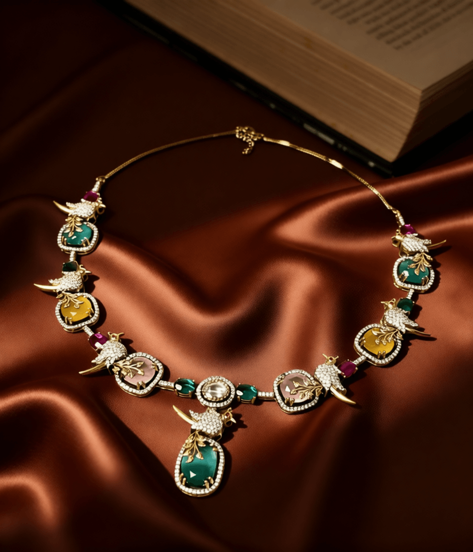 Aangan Stone Statement Necklace Set- Mint