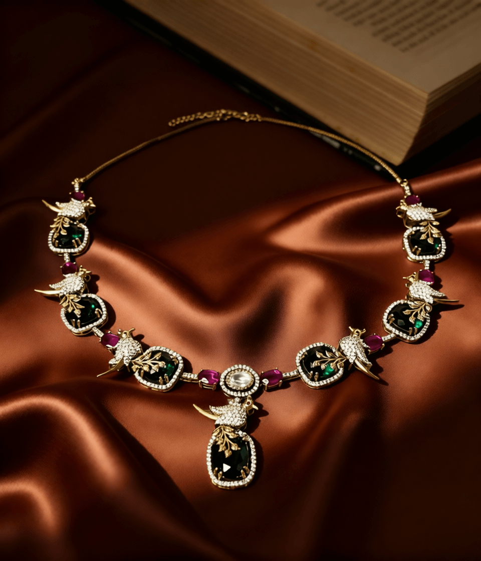 Aangan Stone Statement Necklace Set- Emerald
